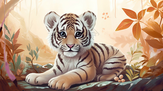 秋天森林里可爱小老虎背景图片