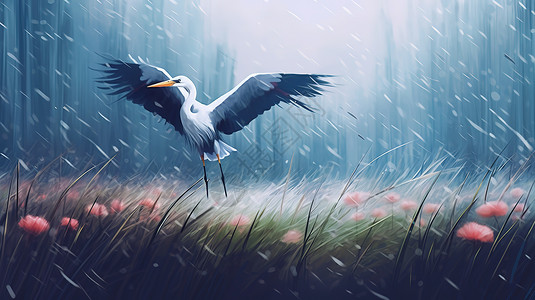 森林鸟类白鹭展翅飞翔下雨天插画