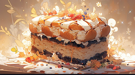 杏仁蛋糕花朵的蛋糕插画