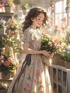 在花边买花的快乐女孩背景图片