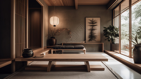 家具实木日式的门厅插画