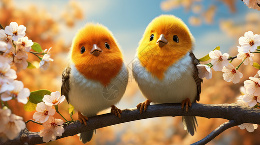 开满桃花的树枝上两只可爱的黄色羽毛小鸟高清图片