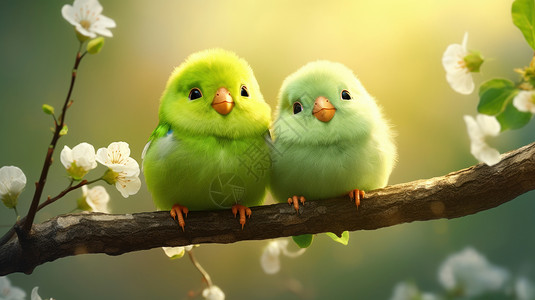 在树枝上两只可爱的绿色羽毛卡通小鸟背景图片