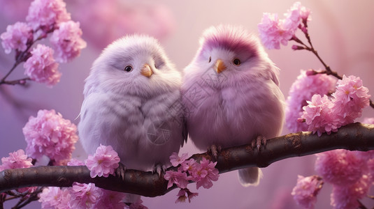 两只可爱的紫色羽毛卡通小鸟在树枝上背景图片
