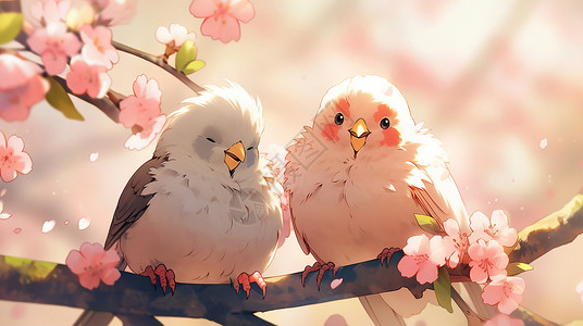 在桃花树枝上两只可爱的卡通小鸟背景图片