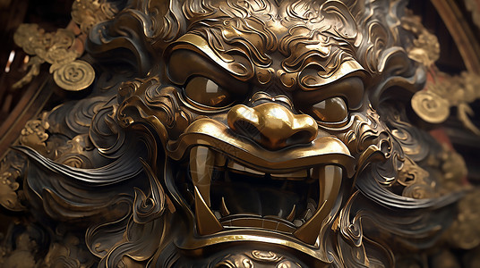 青铜面具狮子雕刻装饰插画