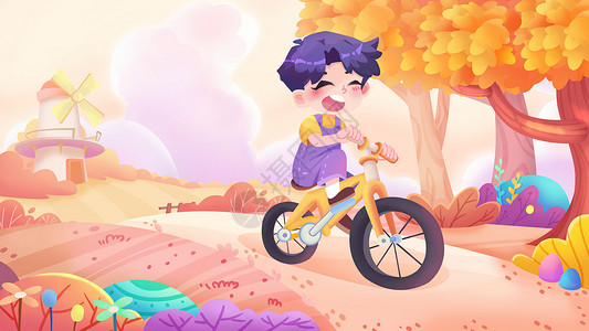 游戏3D伪3D厚涂欧美卡通Q版风格骑自行车的小孩插画