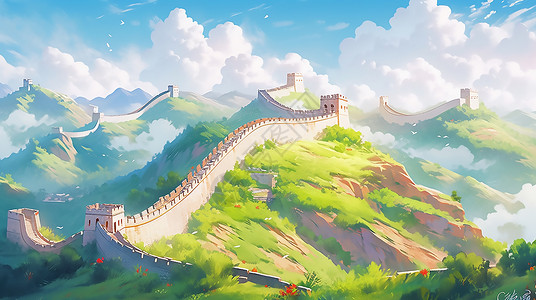 山峰上的高大城墙背景图片