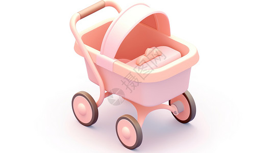 儿童零售婴儿粉色可爱BB手推车3D图标插画