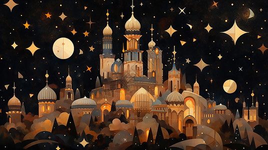 折纸星星夜空中明亮的城堡数字艺头饰插画