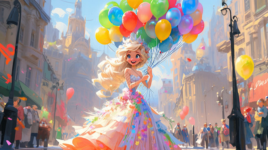 拿着气球在街上参加活动的可爱卡通小公主图片