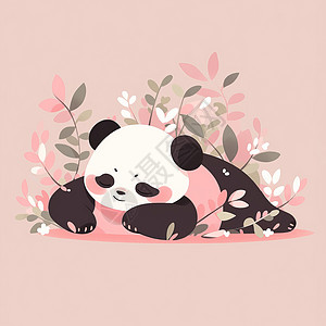 趴在花丛中睡觉的可爱卡通熊猫图片