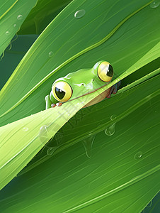 牛蛙煲可爱的绿色卡通小青蛙趴在树叶上插画