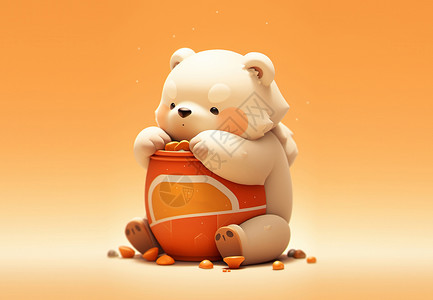 坐在桶上抱着饼干桶的可爱卡通小白熊插画