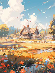 秋天草地上一座卡通小木屋小清新卡通风景背景图片