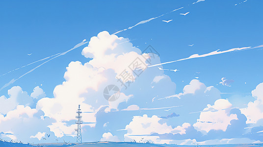 藏式村落蓝天白云的美丽风景插画