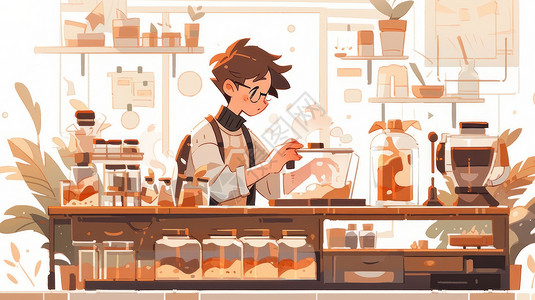 在咖啡店中认真做咖啡的卡通男青年背景图片