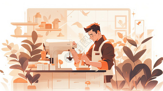 卡通咖啡师在咖啡机旁认真做咖啡背景图片