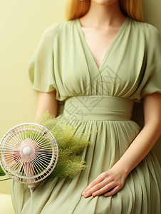 穿绿色长裙手拿电风扇的女人背景图片