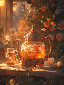 复古透明茶壶与茶杯中装满花茶图片