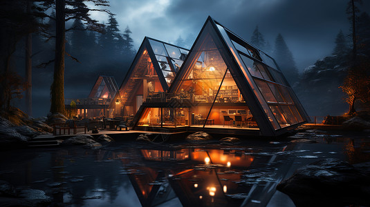 玻璃小屋三角形透明玻璃的建筑插画