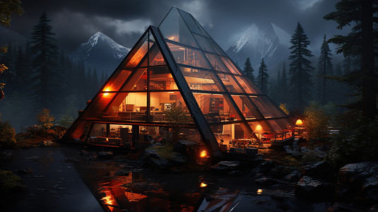 湖山夜景山中透明玻璃的建筑插画