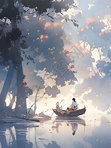 小船停泊在湖面上唯美卡通山水画背景图片
