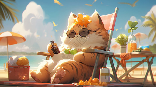 海边喝饮料戴墨镜坐在海边椅子上度假的卡通肥猫插画