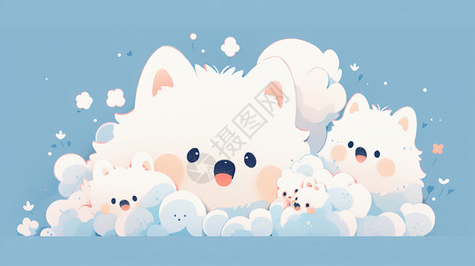 在云朵上几只可爱的卡通白狗背景图片