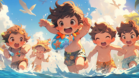 可爱的卡通小男孩们在水上游乐园开心奔跑玩耍背景图片