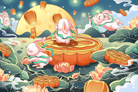 浓情月意毛笔字八月十五中秋节吃月饼放孔明灯兔子插画插画