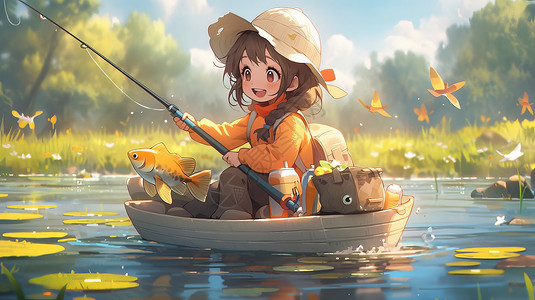 戴帽子的可爱小女孩坐在小船上钓鱼图片