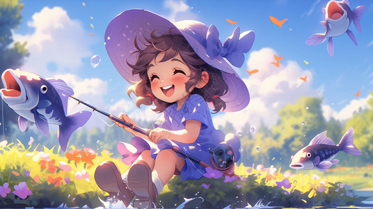 穿着蓑衣钓鱼夏天戴着紫色帽子坐在河边钓鱼的可爱卡通小女孩插画