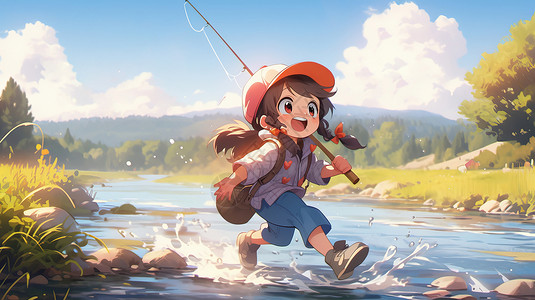 扛着鱼竿奔跑在河里的可爱卡通小女孩背景图片