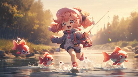 秋天与卡通小鱼奔跑在小河中的可爱卡通小女孩图片