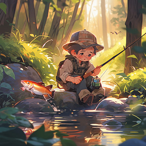 坐在森林中认真钓鱼的可爱卡通小男孩背景图片