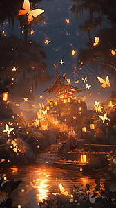 中国风中元节中式节日唯美梦幻烛火灯夜景氛围节日插画图片