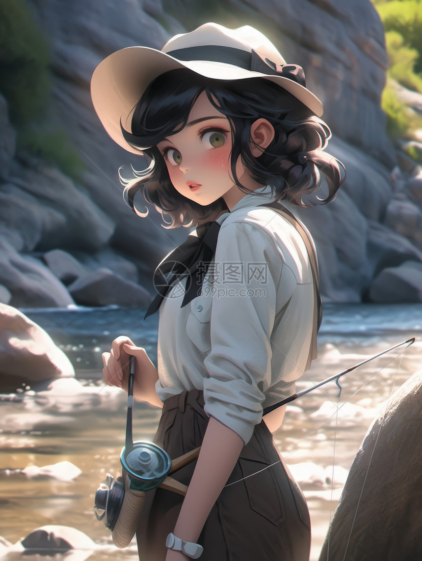 在山中小溪边准备钓鱼的时尚卡通女孩图片