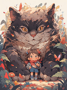 坐在花丛中的巨型猫与可爱卡通小女孩图片