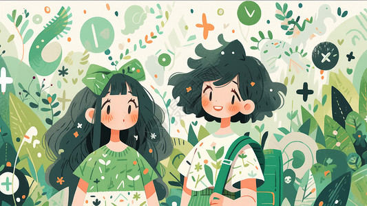 在花丛中两个可爱的卡通小女孩好朋友图片