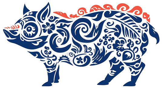 牛图形中国剪纸风十二生肖之猪插画
