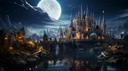 夜晚山中神秘的古风欧式城堡图片