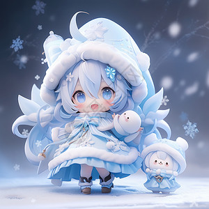 穿蓝色公主裙的可爱卡通小公主在雪地中背景图片