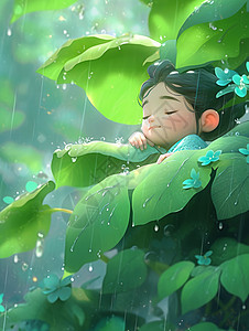 雨中在大叶子下躲雨的立体卡通小女孩背景图片
