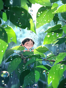 在大雨中开心笑的卡通小女孩高清图片