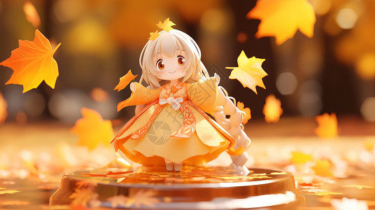 穿黄色公主裙站在落叶中的可爱卡通小女孩高清图片