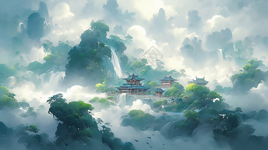 仙侠游戏云层中的建筑插画