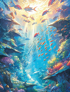 鱼在水里游阳光透过海水照在海底插画