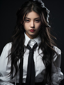 扎黑色领带时尚漂亮的长卷发女人图片