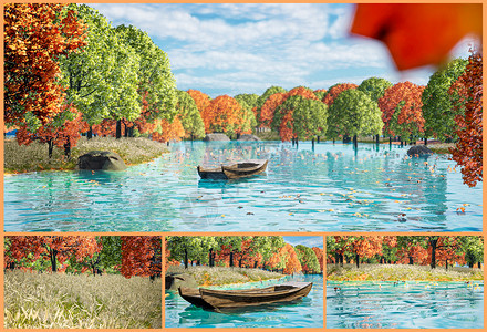 树叶拼贴画写实秋天枫树林河流场景UE模板设计图片